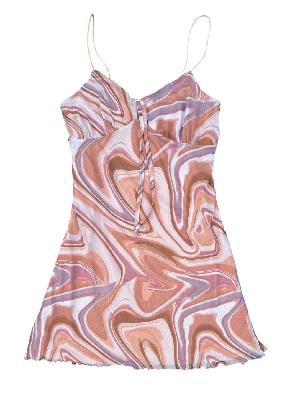 Y2K Sheer Marble Swirl Print Mini Dress w/ Lettuce-Edge Hem & Adjustable straps